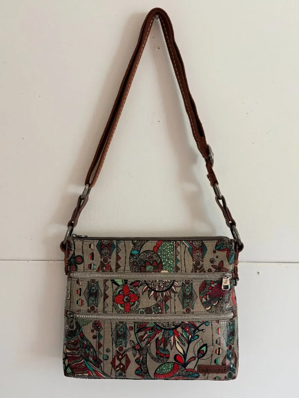Sakroots Bohemian Colorful Tribal Owl Print Crossbody Coated Canvas Purse/Bag
